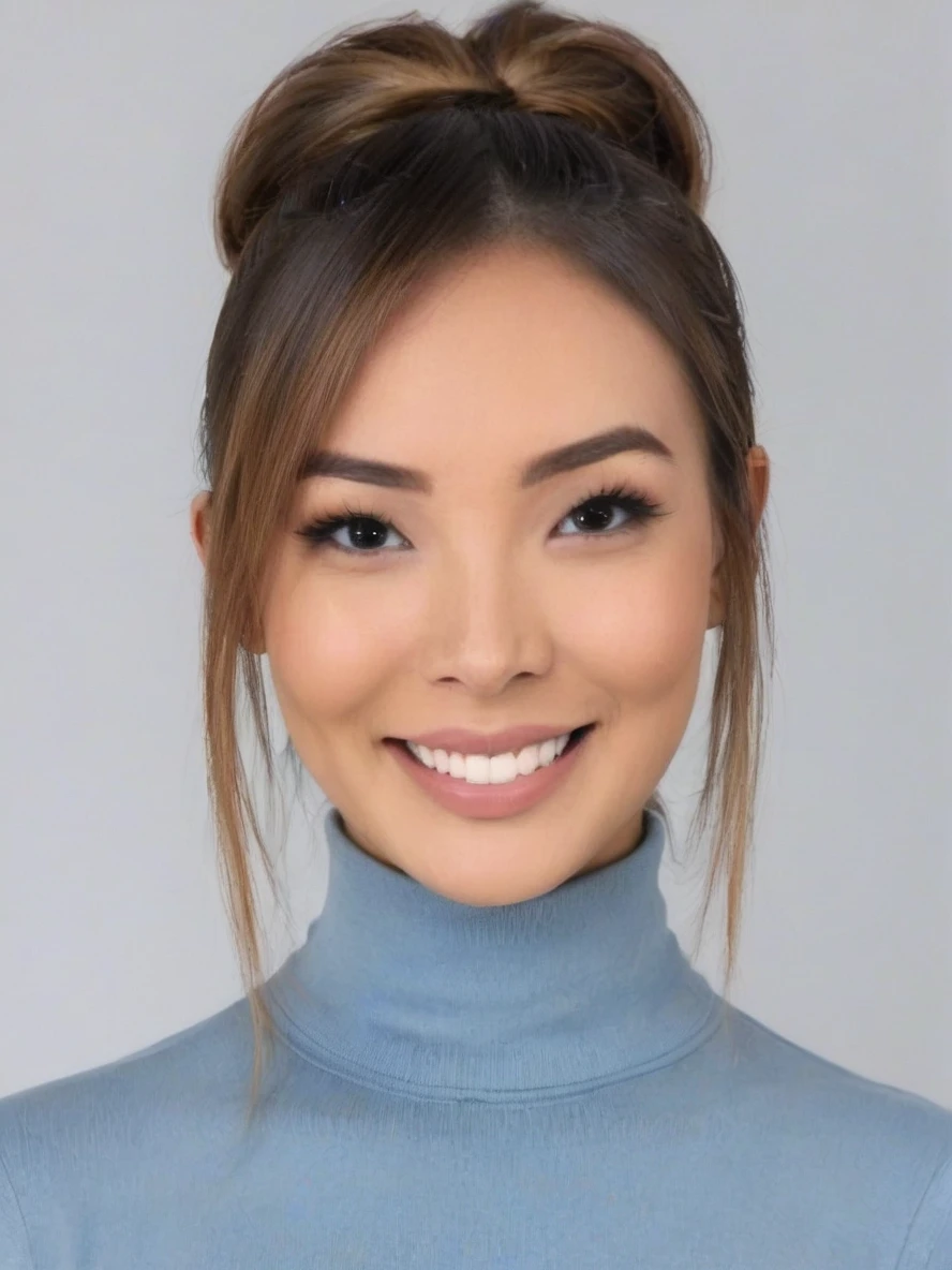 Portrait photo of c4r0ln4k4mur4, blue turtleneck blouse, white background, ponytail+, smiling