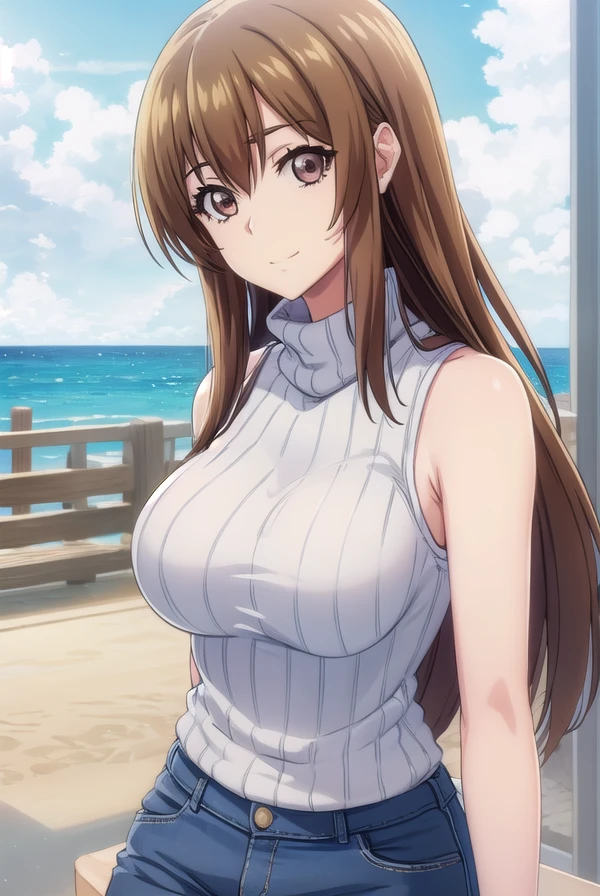 nanakakotegawa, <lora:nanaka kotegawa s1-lora-nochekaiser:1>,
nanaka kotegawa, long hair, brown hair, (brown eyes:1.5), smile,
BREAK bare shoulders, sleeveless, sweater, turtleneck, ribbed sweater, sleeveless turtleneck,
BREAK outdoors, beach,
BREAK looking at viewer, (cowboy shot:1.5),
BREAK <lyco:GoodHands-beta2:1>, (masterpiece:1.2), best quality, high resolution, unity 8k wallpaper, (illustration:0.8), (beautiful detailed eyes:1.6), extremely detailed face, perfect lighting, extremely detailed CG, (perfect hands, perfect anatomy),