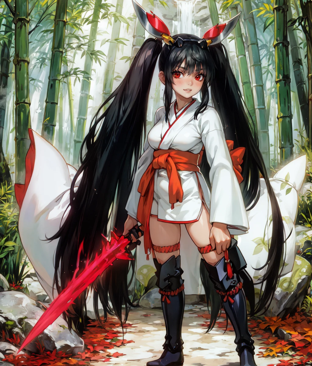 masterpiece, high res, detailed face, detailed eyes, anime screencap, 1 girl, solo, proud, smug, black hair, red eyes, really long hair, pigtails, head ornament, white kimono, long sleeves, energy sword, cowboy shot, full body, outdoors, bamboo forest  <lora:Kaguya:1>