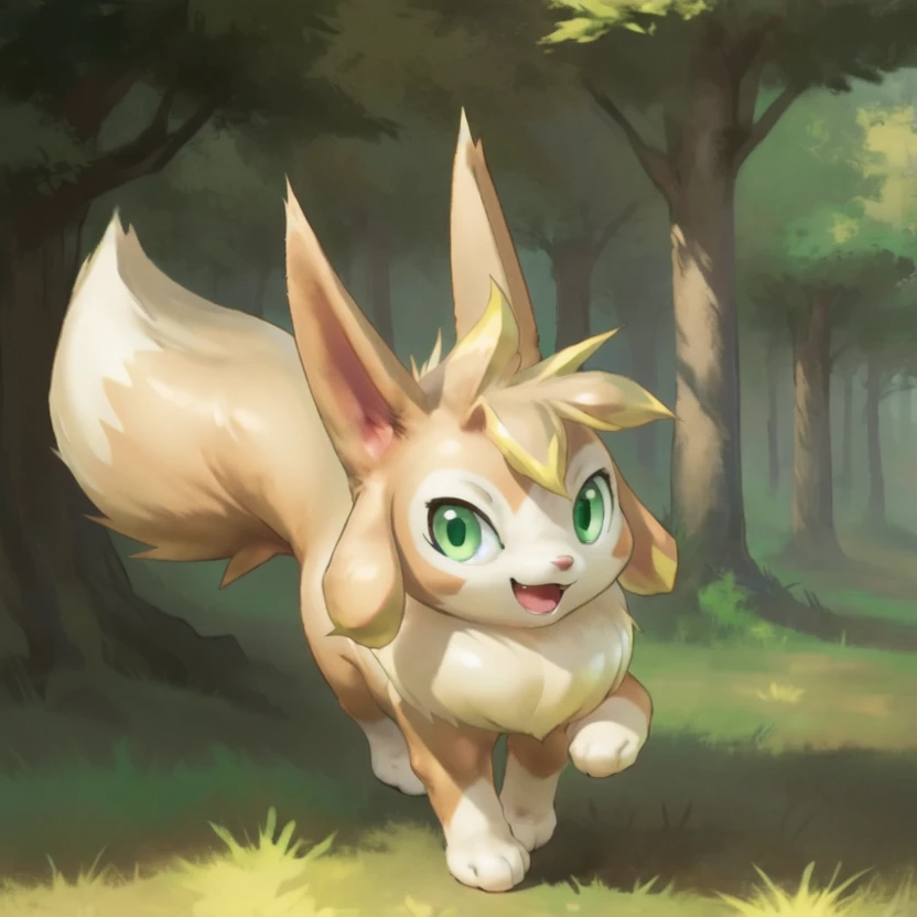 <lora:Vixy_Palworld_v1.0_:1> palvixy, feral, green eyes, looking at viewer, open smile, fluffy tail, dipstick tail, by wkar, by darkgem