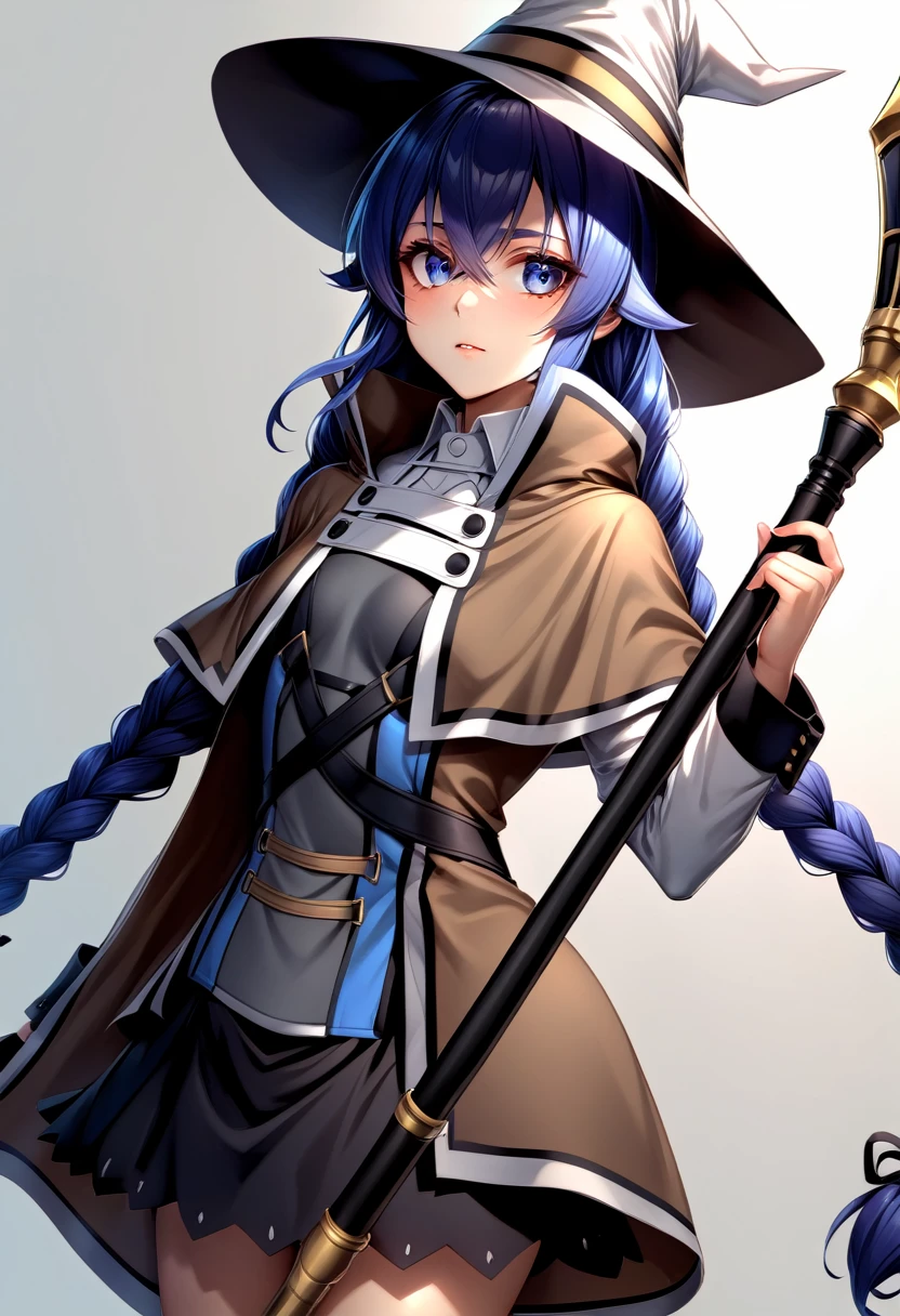 solo, 1girl, roxy migurdia, expressionless, looking at viewer, holding staff, twin braids, witch hat, brown cape, shirt, long sleeves, black skirt <lora:mushokutensei_roxymigurdia_xl-000004:1>