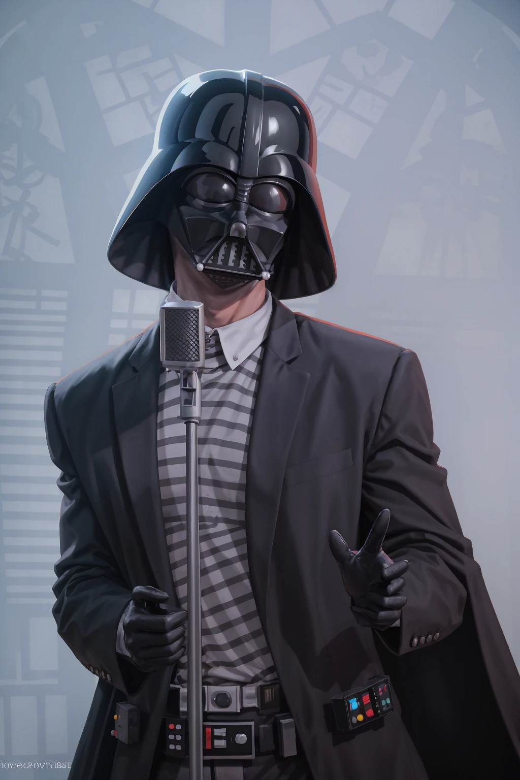 darth vader, darth vader helmet, <lora:Char_Sigmas_DarthVader:0.25>, IncrsNeverGonnaGiveUUp, smile, looking at viewer, microphone stand, upper body, black jacket, striped shirt, open mouth, <lora:NeverGonnaGiveUUp:1>