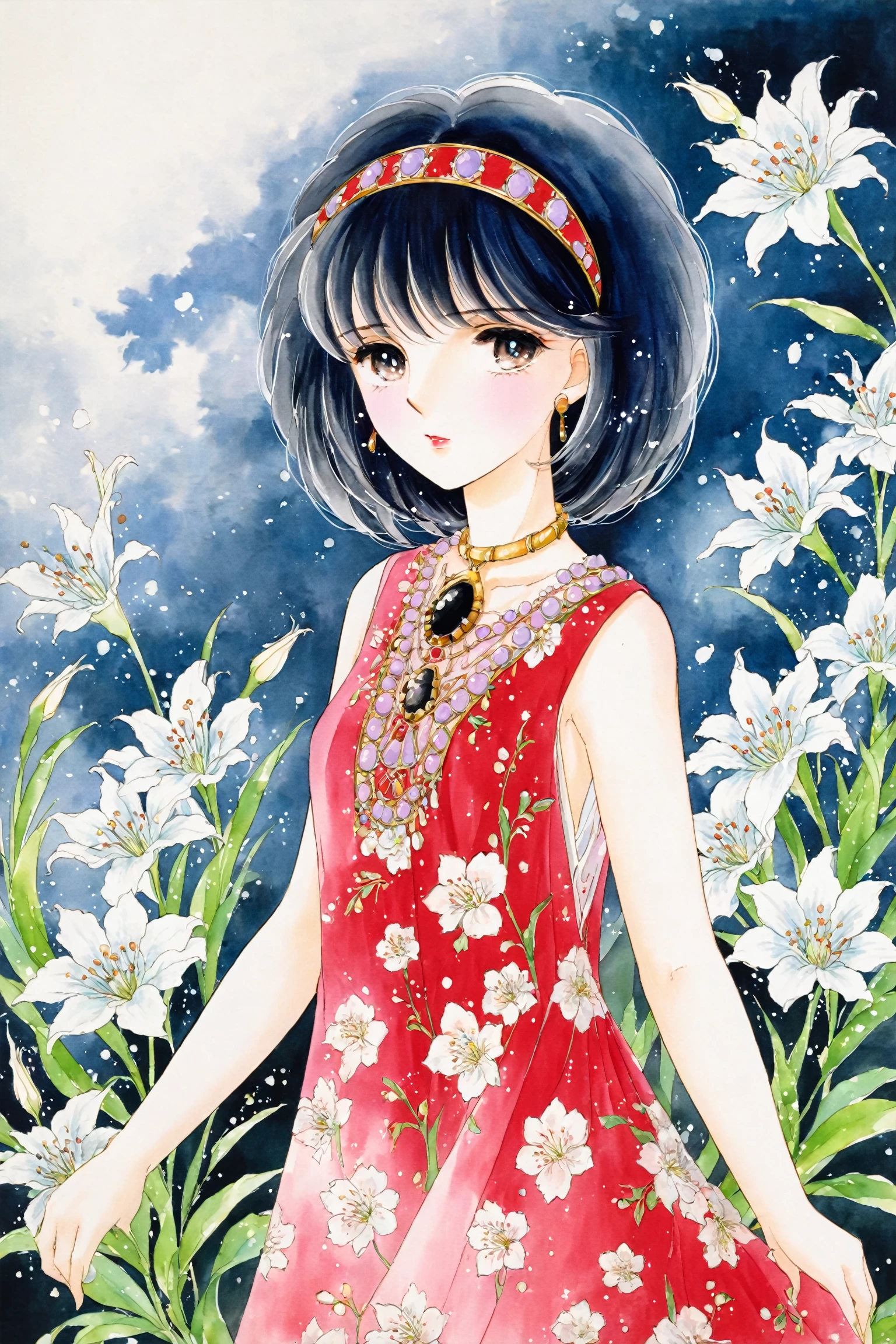 (watercolor_medium),  ((((masterpiece)))),  (((best quality))),  (illustration), (1girl:1.5), (solo:1.5),  ((an extremely delicate and beautiful)),  redriver,  ((diagonal bangs)),  mature female,  character concept,  beautiful,  stylish,  bloom,  arknights,  atmospheric perspective,  ((flower dress)), more detail XL,<lora:EMS-61413-EMS:0.100000>,<lora:EMS-277181-EMS:0.700000>