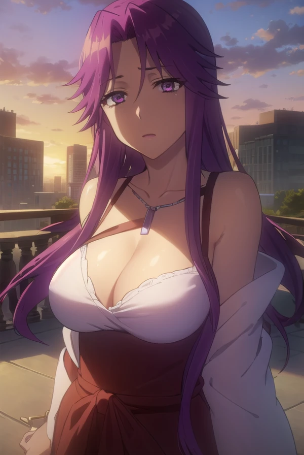 yurikotakagi, <lora:yuriko takagi s1-lora-nochekaiser:1>,
yuriko takagi, long hair, (purple eyes:1.1), purple hair, (parted bangs:1.5),
BREAK dress, cleavage, jewelry, necklace, high heels, red dress, red footwear, shawl,
BREAK outdoors, city, zombies, sun, sky, clouds, cars,
BREAK looking at viewer, (cowboy shot:1.5),
BREAK <lyco:GoodHands-beta2:1>, (masterpiece:1.2), best quality, high resolution, unity 8k wallpaper, (illustration:0.8), (beautiful detailed eyes:1.6), extremely detailed face, perfect lighting, extremely detailed CG, (perfect hands, perfect anatomy),