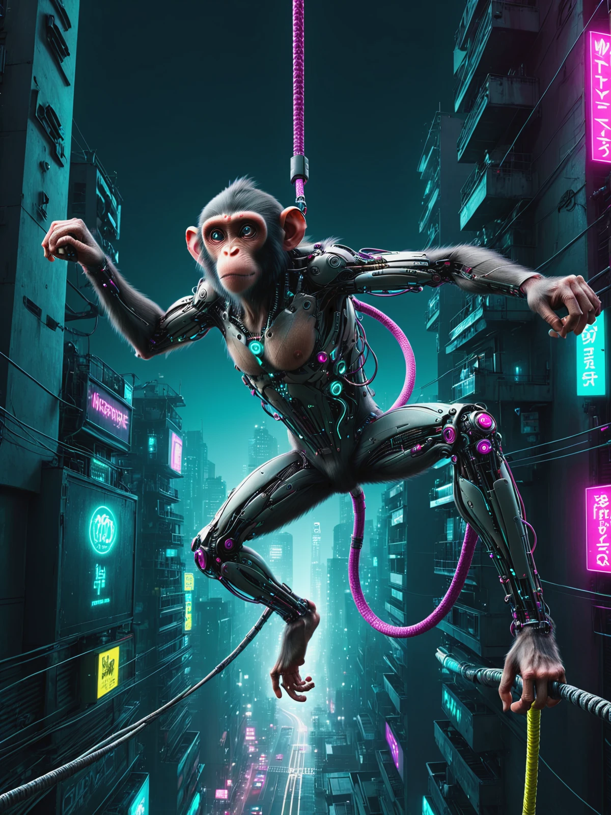 cyberanimals monkey hanging from a cable with one arm, dynamic posecyberpunk, city <lora:Neon_Cyberpunk_SDXL_Cyberanimals:0.8>, (masterpiece:1.2), best quality, (hyperdetailed, highest detailed:1.2), high resolution textures