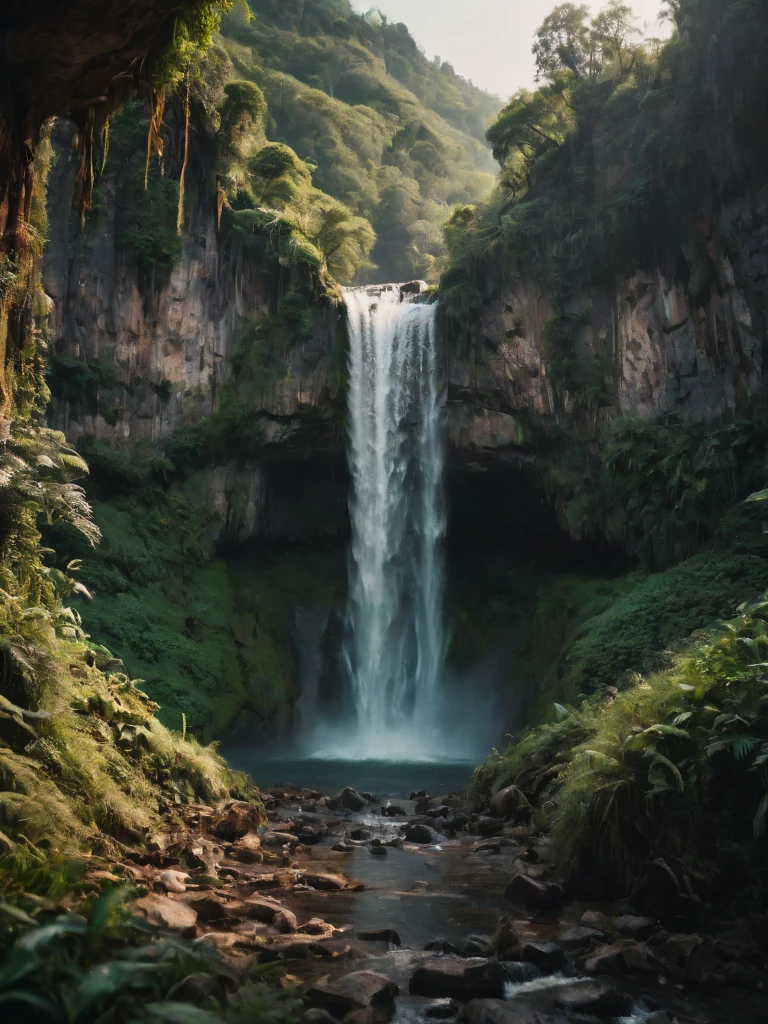 cinematic photo lush, natural light and tones, intricate artwork, landscape vista, waterfall, epic, monumental, realistic textures and colors . 35mm photograph, film, bokeh, professional, 4k, highly detailed,