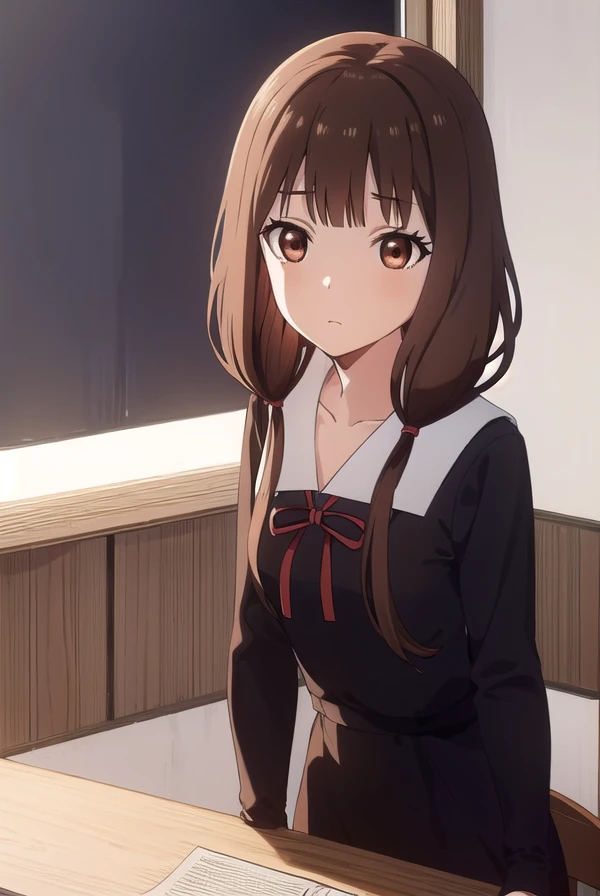 mikoiino, <lora:miko iino s3-lora-nochekaiser:1>,
miko iino, blunt bangs, (brown eyes:1.5), brown hair, hair tie, long hair, low twintails, red ribbon, ribbon, twintails,
BREAK long sleeves, dress, ribbon, school uniform, collarbone, (black dress:1.2), sailor collar, white sailor collar, red ribbon, neck ribbon, shuuchiin academy school uniform, armband,
BREAK indoors, classroom,
BREAK looking at viewer, (cowboy shot:1.5),
BREAK <lyco:GoodHands-beta2:1>, (masterpiece:1.2), best quality, high resolution, unity 8k wallpaper, (illustration:0.8), (beautiful detailed eyes:1.6), extremely detailed face, perfect lighting, extremely detailed CG, (perfect hands, perfect anatomy),