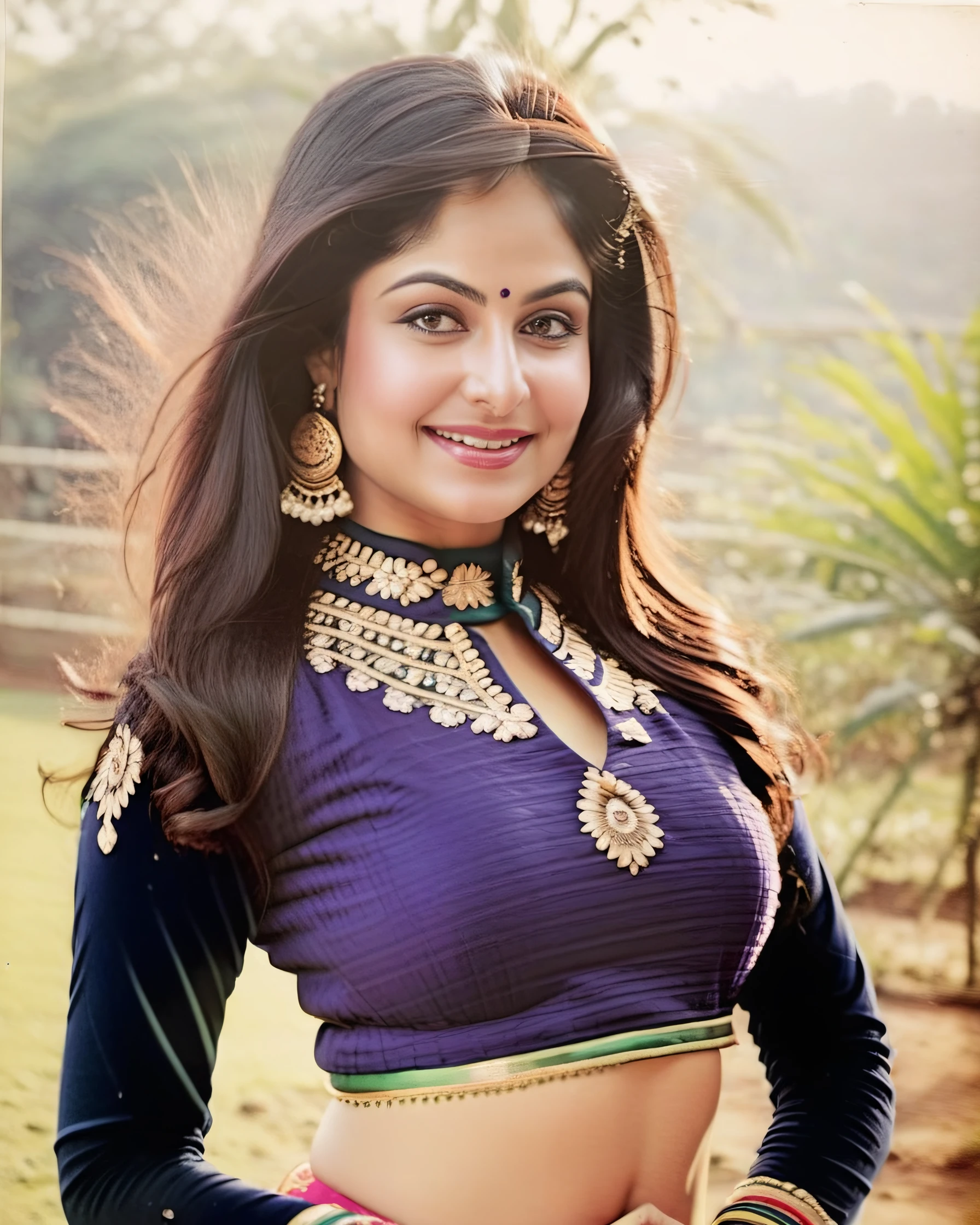full body photo of a 30-year-old ayesha jhulka woman, high neck Ghagra Choli, smile, Medium long shot camera angle, perfect eyes, looking at camera, film grain, day time at hell, beautiful bokeh <lora:Ayesha_Jhulka_SDXL_LoRA:0.9>