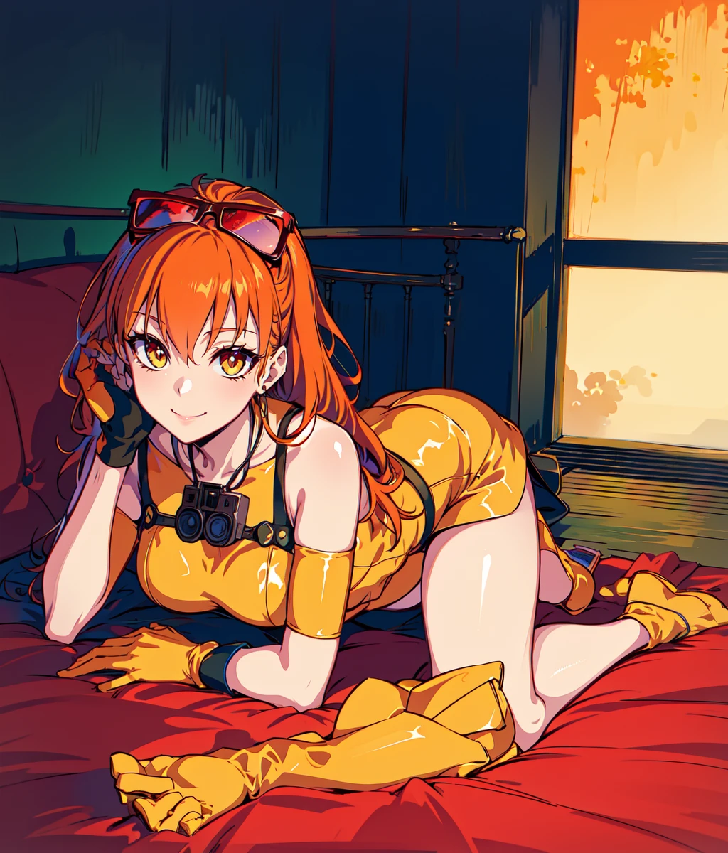 masterpiece, high res, detailed face, detailed eyes, anime screencap, 1 girl, solo, slender, smile, orange hair, yellow eyes, googles, yellow outfit, zkirt, gloves, hand on googles, full body, lying on the bed, indoors, bare legs <lora:Aika SoA:0.8>