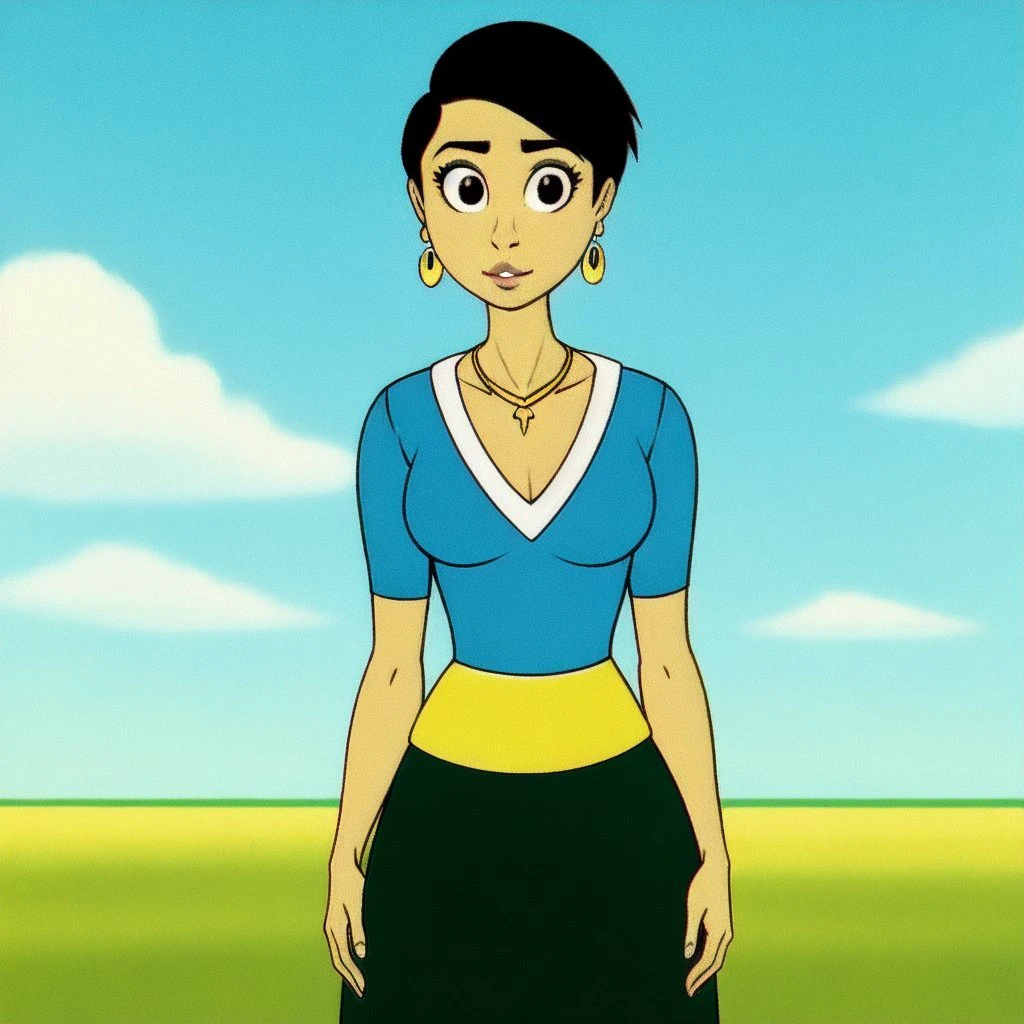 <lora:Manya-40:0.7>
manya, female, 1girl, solo, masterpiece, human,
black hair, black eyes, blue shirt, yellow skirt, long skirt, earrings, necklace, slim body,
green field, blue sky, clouds, looking at viewer, posing