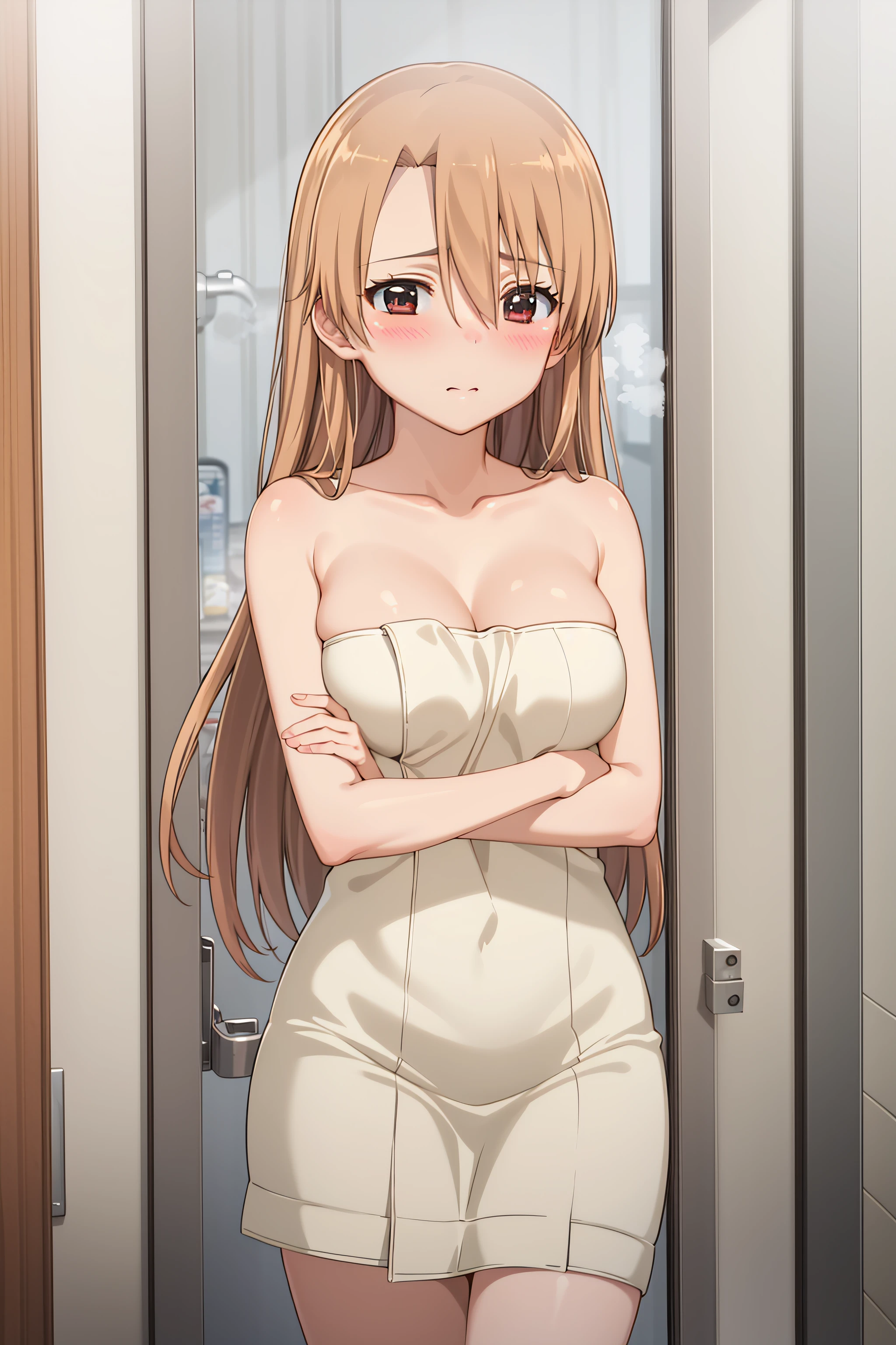 best quality, masterpiece, detailed,
<lora:KissXSis_KiryuuYuuzuki:0.9>, KiryuuYuuzuki,
1girl, closed mouth, blush,
brown hair, brown eyes, long hair,
towel, steam, medium breasts,
standing, looking at viewer,
indoors, bathroom