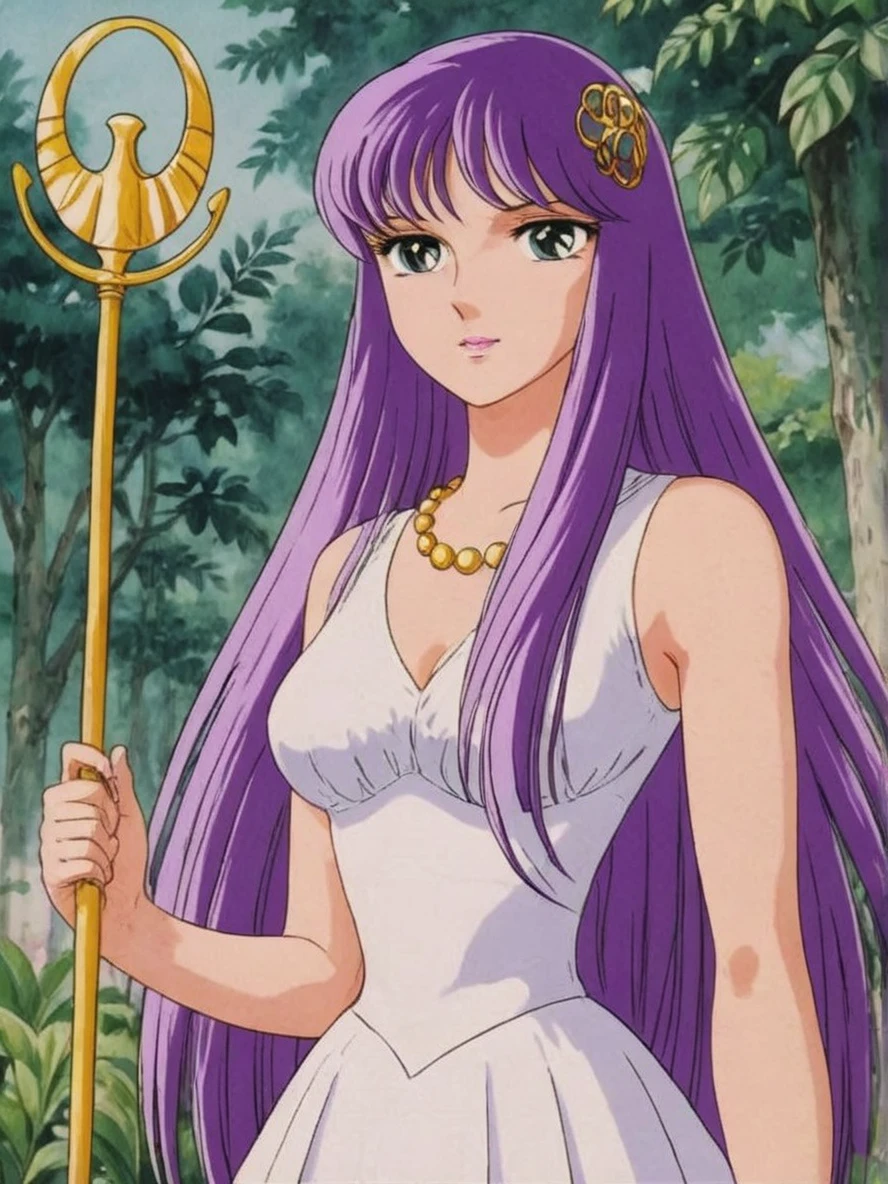 Anime illustration portrait of s40r1k1d0 woman, (in a garden)+, purple hair, holding a golden scepter