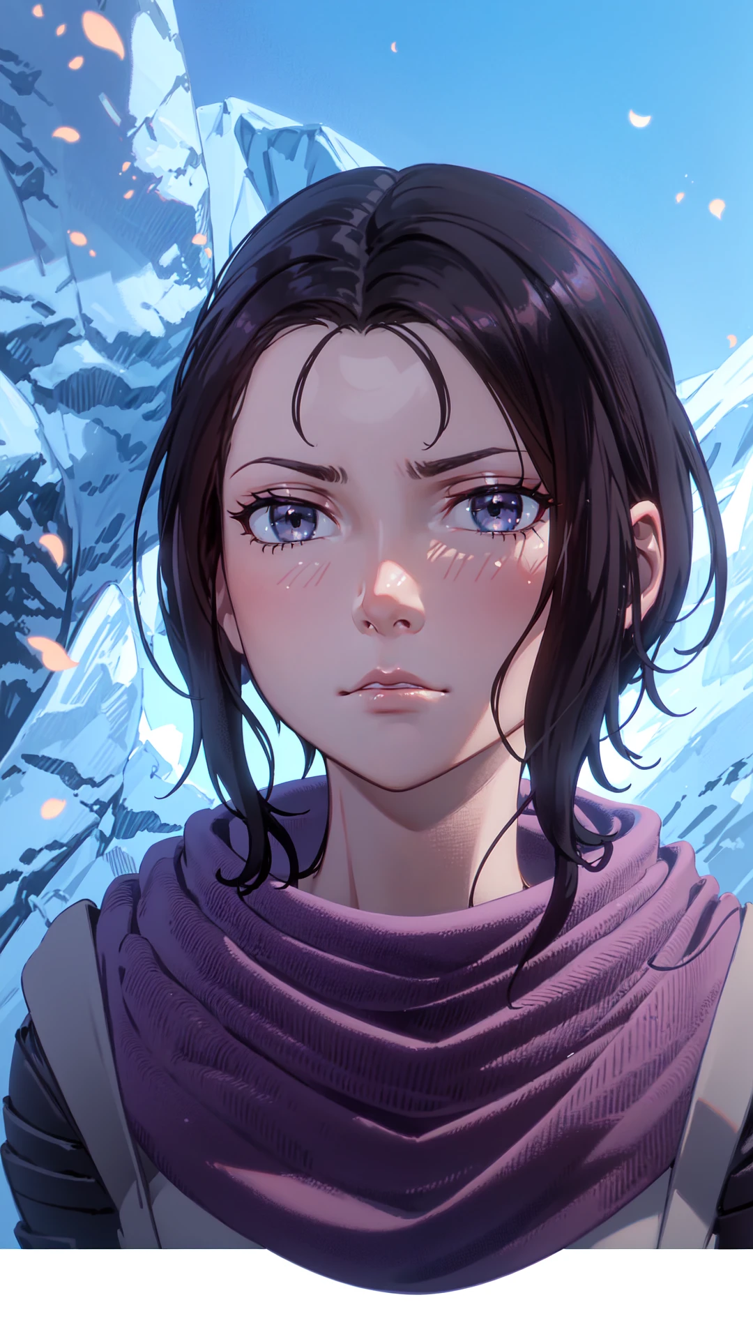zoecas, centered close up, (((disappointed expression))), 1woman, black short hair, (((hazel eyes))), gray coat, purple scarf, <lora:zoecas:0.7>, 8k, 16k, trending on pixiv, fanbox, skeb, masterpiece, detailed face, digital painting,
