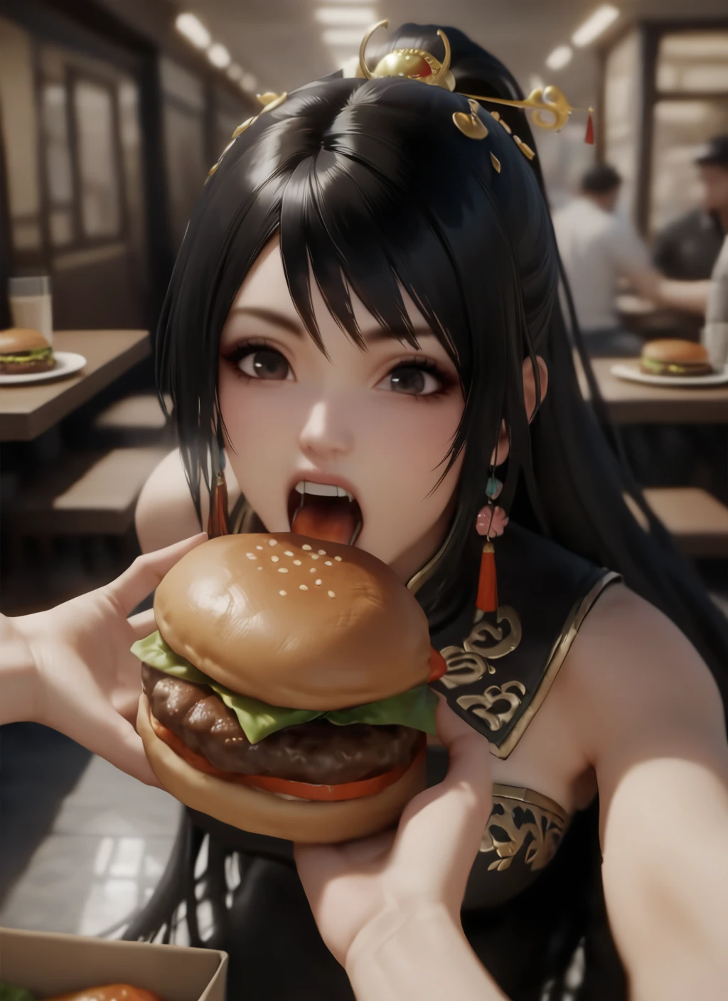 masterpiece, best quality, guanyinping, very long hair, black hair, 1girl, black eyes, realistic, eating hamburger, multiple hamburger steak, open mouth, teeth, (wide-eyed:0.3), pov, <lora:å
³é¶å±_xl:0.8>