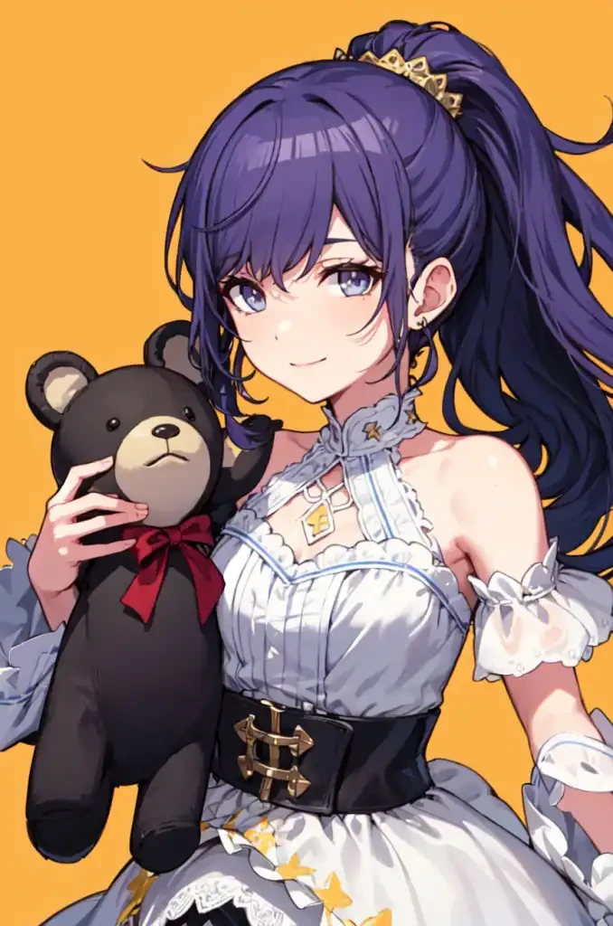 amafuyu, looking at viewer, smile, skirt, simple background, dress, holding, bare shoulders, jewelry, closed mouth, blue hair, ponytail, sidelocks, earrings, frills, striped, belt, white dress, clothing cutout, stuffed toy, stuffed animal, high ponytail, lace trim, lace, yellow background, vertical stripes, grey skirt, black belt, orange background, dot nose, shoulder cutout, holding stuffed toy, striped skirt, vertical-striped dress, triangle