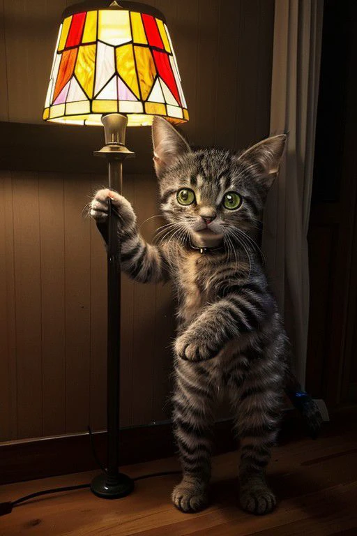 kitten jussi_kitten stands and holds in paw a support of  a lampshade of table lamp, lampshade made of stained glass, high detailed, vibrant colors