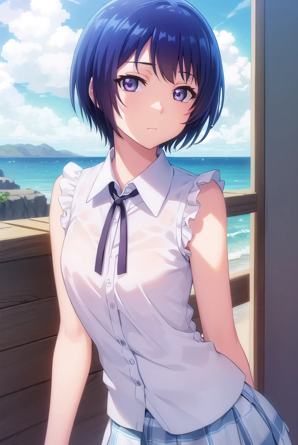 ainayoshizawa, <lora:aina yoshizawa s1-lora-nochekaiser:1>,
aina yoshizawa, short hair, blue hair, (purple eyes:1.1),
BREAK skirt, sleeveless, socks, shirt, white shirt, collared shirt, ribbon, neck ribbon,
BREAK outdoors, beach,
BREAK looking at viewer, (cowboy shot:1.5),
BREAK <lyco:GoodHands-beta2:1>, (masterpiece:1.2), best quality, high resolution, unity 8k wallpaper, (illustration:0.8), (beautiful detailed eyes:1.6), extremely detailed face, perfect lighting, extremely detailed CG, (perfect hands, perfect anatomy),