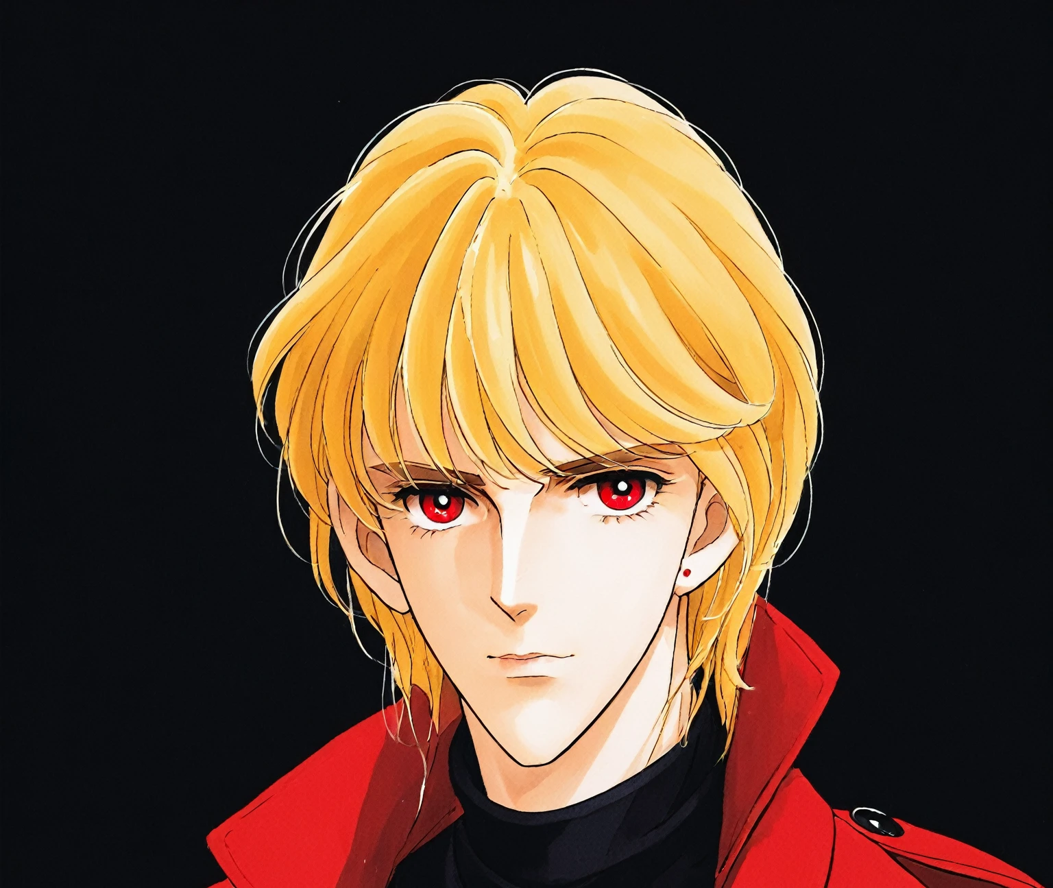 A portrait of a handsome man in slick collared red armored trenchcoat,  redriver, blonde hair,  neck-length wavy hair,  25 years old of age,  white background,  serious face expression,  red eyes,  wearing a thin black turtleneck The Dark Huntsman , black steel cane , sword on the back,  blend,  bright eyes,<lora:EMS-61413-EMS:0.100000>,<lora:EMS-277181-EMS:0.600000>