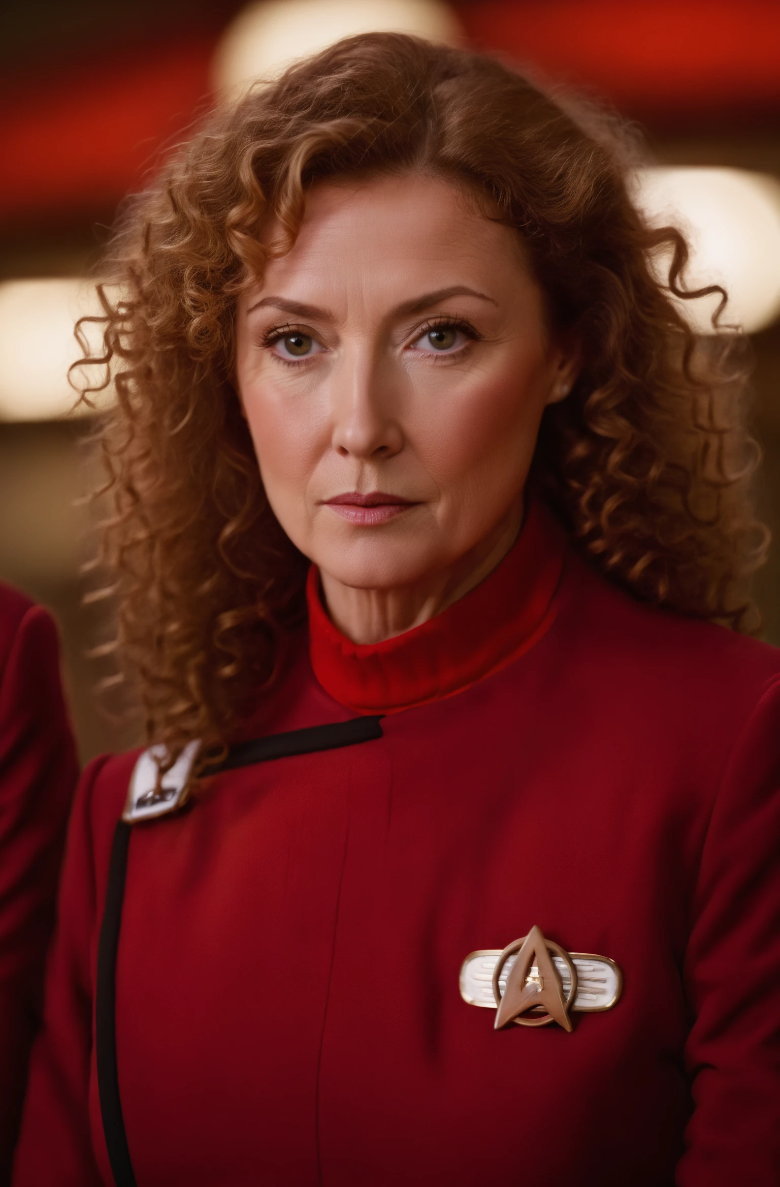 ginger older stunning woman with curly hair in twokunf red uniform,professional photograph of a stunning woman detailed, sharp focus, dramatic, award winning, cinematic lighting, octane render, unreal engine, volumetrics dtx, (film grain, bokeh, blurry foreground, blurry background, professional photo, shot on Hasselblad <lora:TWOKXL:0.8>
