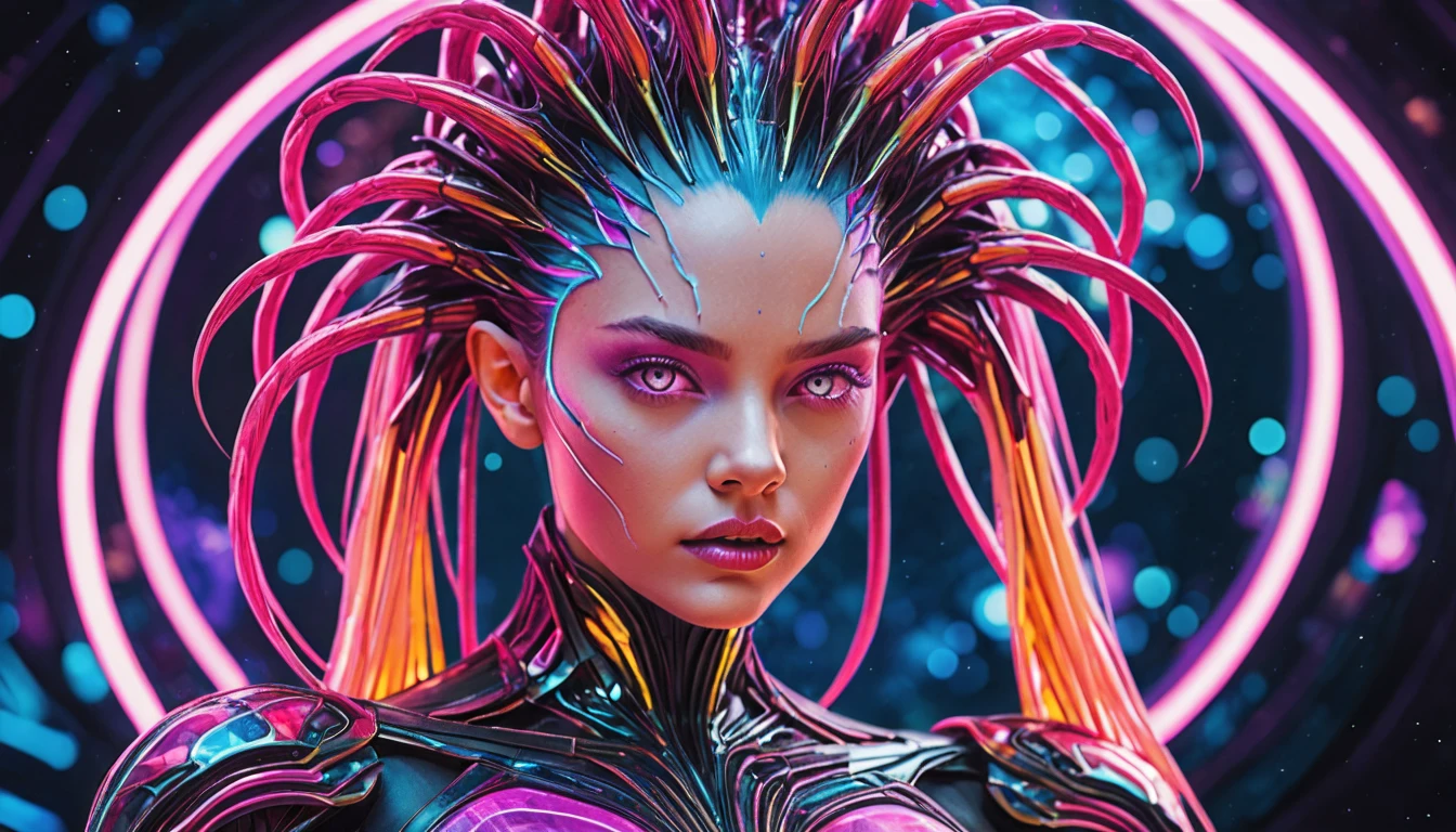 Positive prompt:
alien-themed Bear Witness to the Might of the Cosmic Cyber Warrior: An Incredible Mix of Technology and Allure Set Among Spectacular Interstellar Battlescapes. Infused with the unique flair of Jovana Rikalo, Brandon Woelfel, and Ross Tran, this indomitable cyborg reigns supreme over otherworldly turmoil. Delicate cables snake harmoniously beneath luminous epidermis, while her mighty vertebrae prop up an elegantly fashioned human cranium graced by cascading neon undercut tresses. Radiating self-assurance, her resplendent visage elicits awe as she advances fearlessly, solidifying legends of triumph and eternal reverence. . extraterrestrial, cosmic, otherworldly, mysterious, sci-fi, highly detailed