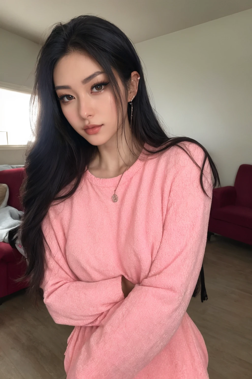 Latin girl with long brown hair, green eyes, White skin, And pink, thick lips, with a black Nike sweater in a selfie
