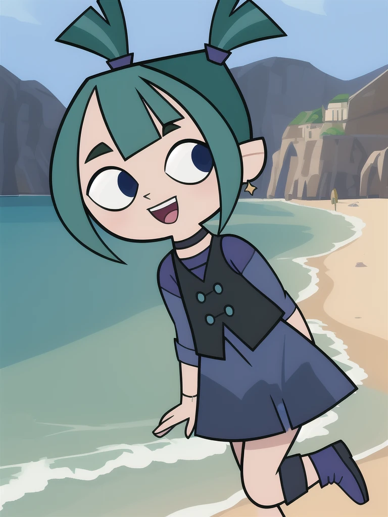 (8k, RAW photo, best quality, masterpiece:1.2), (intricate details), 1girl, solo, black eyes, full body, perfect eyes, perfect face, smile, open mouth, blushing, perfect lighting, beautiful, (masterpiece:1.2), (best quality:1.2), 1girl, cartoon style, Gwenloli, solo, black eyes, <lora:Gwen-Dramarama:0.75> best quality, 1girl, black eyes, twintails, green hair, earrings, bangs, blunt bangs, choker, looking at viewer, short hair, black vest, buttoned vest, undershirt, blue skirt, dark blue pants, purple boots, ((arms behind back, leg up)) , solo, upper body, blue shirt, blue sleeves, beach, sand, water