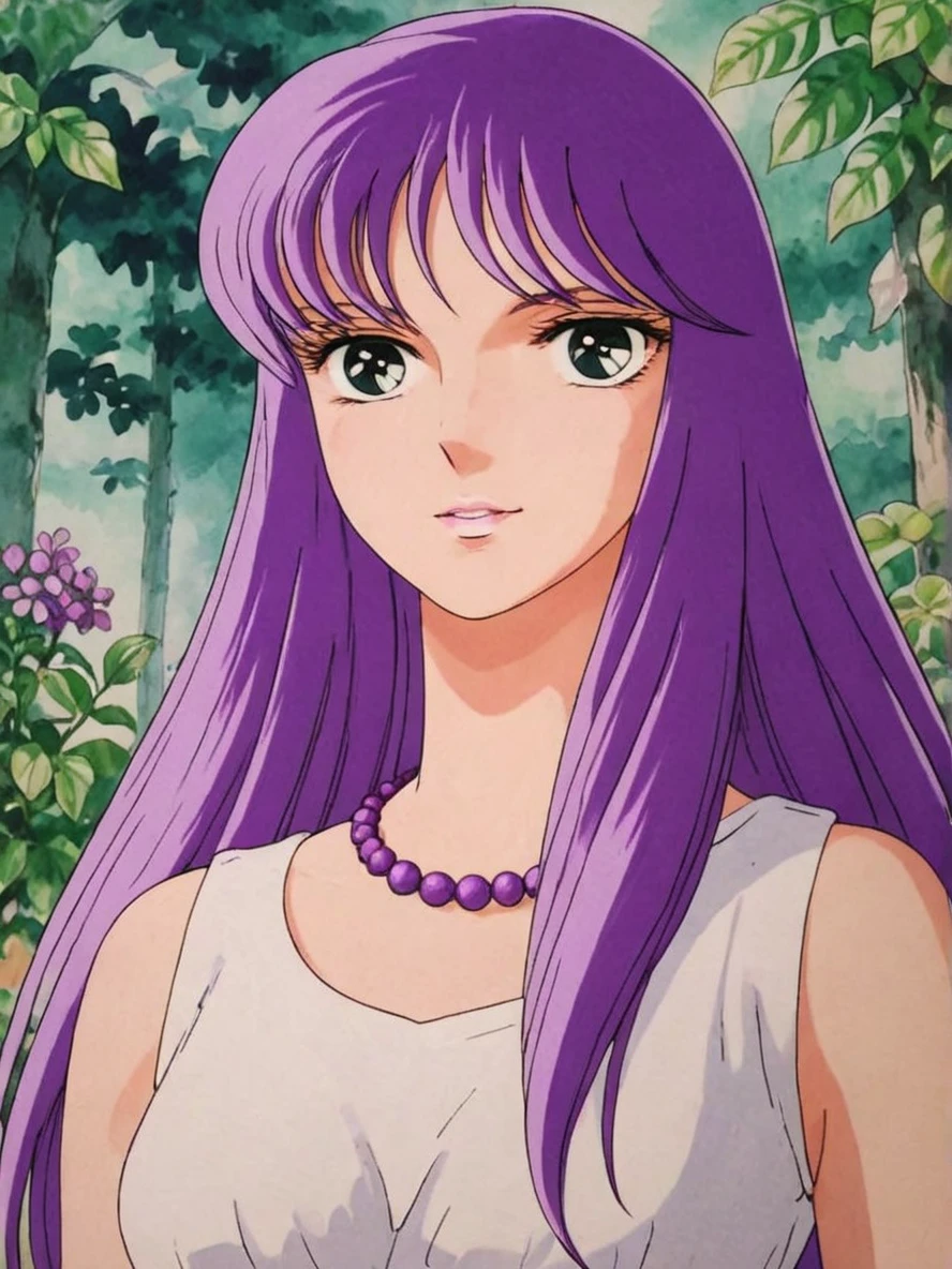 Anime illustration portrait of s40r1k1d0 woman, (in a garden)+, purple hair, necklace