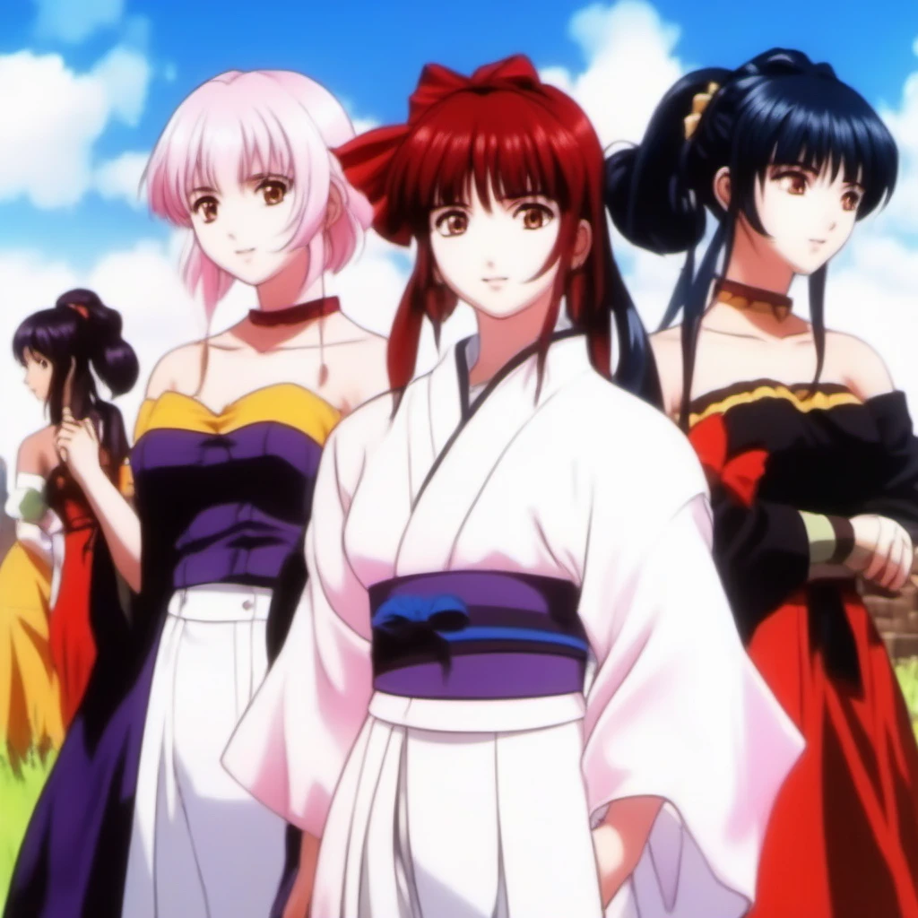 Ultra-realistic extremely detailed real life 8k masterpiece of a group of gorgeous women with different color hair in a village, epic background, extremely detailed eyes mouth and facial features, breathtaking epic lighting, cinematic composition, sakura wars anime style <lora:sakura wars anime style:1>