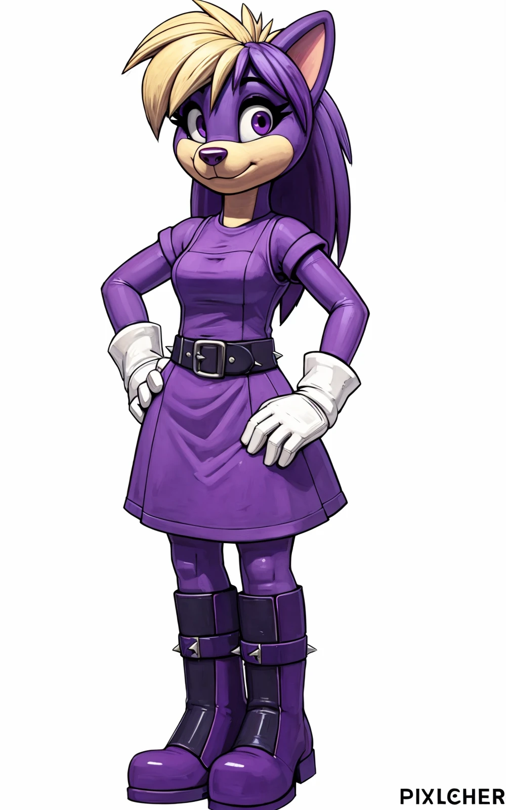 8k,4k,((Best quality, masterpiece, ultra high resolution)),((full body, by pixelsketcher)),  <lora:Bernadette:0.55>,Bernadette,furry, purple dress,(blonde hair),purple hair, animal nose, multicolored hair, purple footwear, animal ears, boots, two-tone hair, furry female, bangs, spiked hair, gloves,animal nose,[purple skin],((white background)),white gloves,[long hair],((hands on hip)),(sleeves)