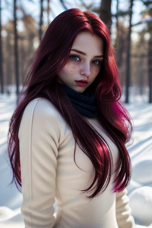 beta TEST, 1girl, young and gorgeous,(red long hair):1.8, perfect body, looking at viewer, upper body, soft face, winter season,(winter clothes  in colors in cream, magenta, dark blue, and silvert):1,2,CANDID  PORTRAIT PHOTOS, (randomize poses):1.8