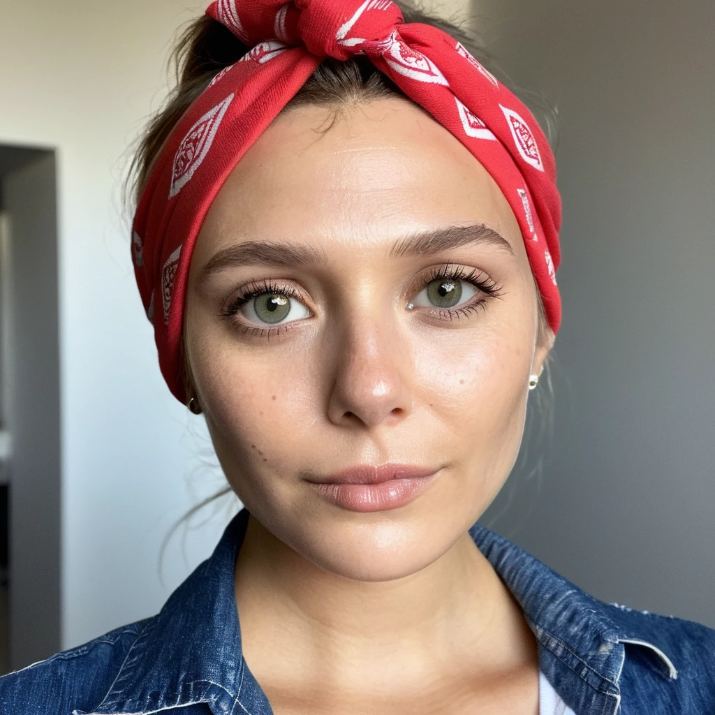(Skin Texture, pores, natural,iPhone,RAW) Portrait photo of a woman (wearing a bandana on her head), glossy lips, Nikon Z9, realistic matte skin, skin texture visible, (sharp focus), (high quality), <lora:eliolsen2_xl_3_standard_merger_36_41_72_03_03_04:1>