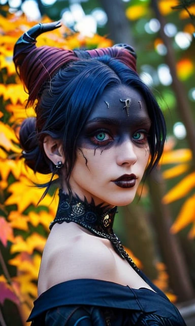 medium shot, attractive woman, (smile:0.2) <lora:bl4ckf0r3_3:0.9> bl4ckf0r3, black band across eyes, black across forehead, short black hair, hair in bun, low angle <lora:witch_style:0.5> witch_style