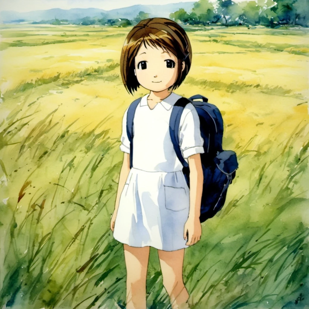 masterpiece, best quality, 1girl, shiina_figure17fsefgas, black socks, fine-face, detailed face, looking at viewer, light smile, rice_field, [school_backpack], upper body, arms_behind_back,child, classic painting by Leonardo da Vince, watercolor, <lora:figure17Lora_XL-000004:1>