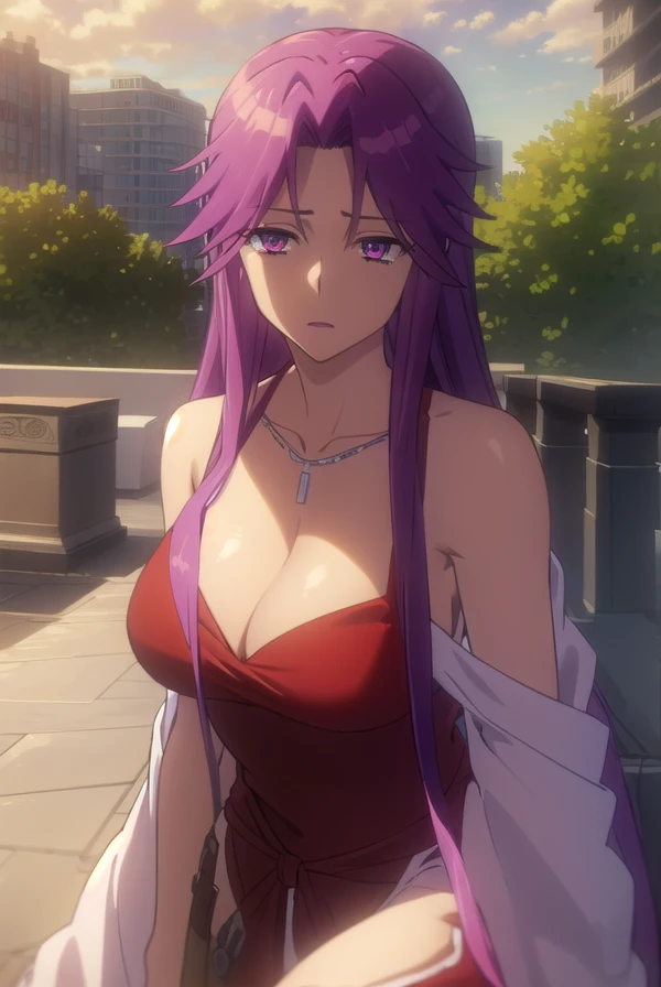 yurikotakagi, <lora:yuriko takagi s1-lora-nochekaiser:1>,
yuriko takagi, long hair, (purple eyes:1.1), purple hair, (parted bangs:1.5),
BREAK dress, cleavage, jewelry, necklace, high heels, red dress, red footwear, shawl,
BREAK outdoors, city, zombies, sun, sky, clouds, cars,
BREAK looking at viewer, (cowboy shot:1.5),
BREAK <lyco:GoodHands-beta2:1>, (masterpiece:1.2), best quality, high resolution, unity 8k wallpaper, (illustration:0.8), (beautiful detailed eyes:1.6), extremely detailed face, perfect lighting, extremely detailed CG, (perfect hands, perfect anatomy),