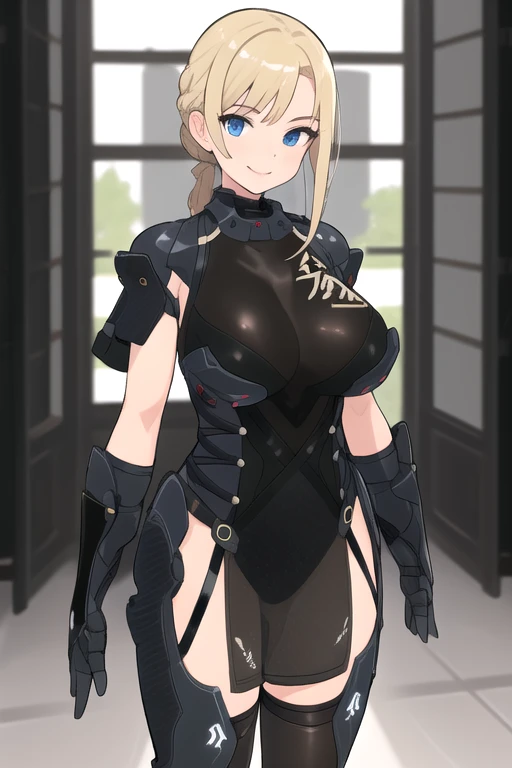 1girl, solo, masterpiece, blonde hair, blue eyes, large breasts, indoors, standing, looking at viewer, smile, cowboy shot, <lora:ninjabodysuitv1:0.82>, thighhighs, see-through, black leotard, armor, black thighhighs, gloves,