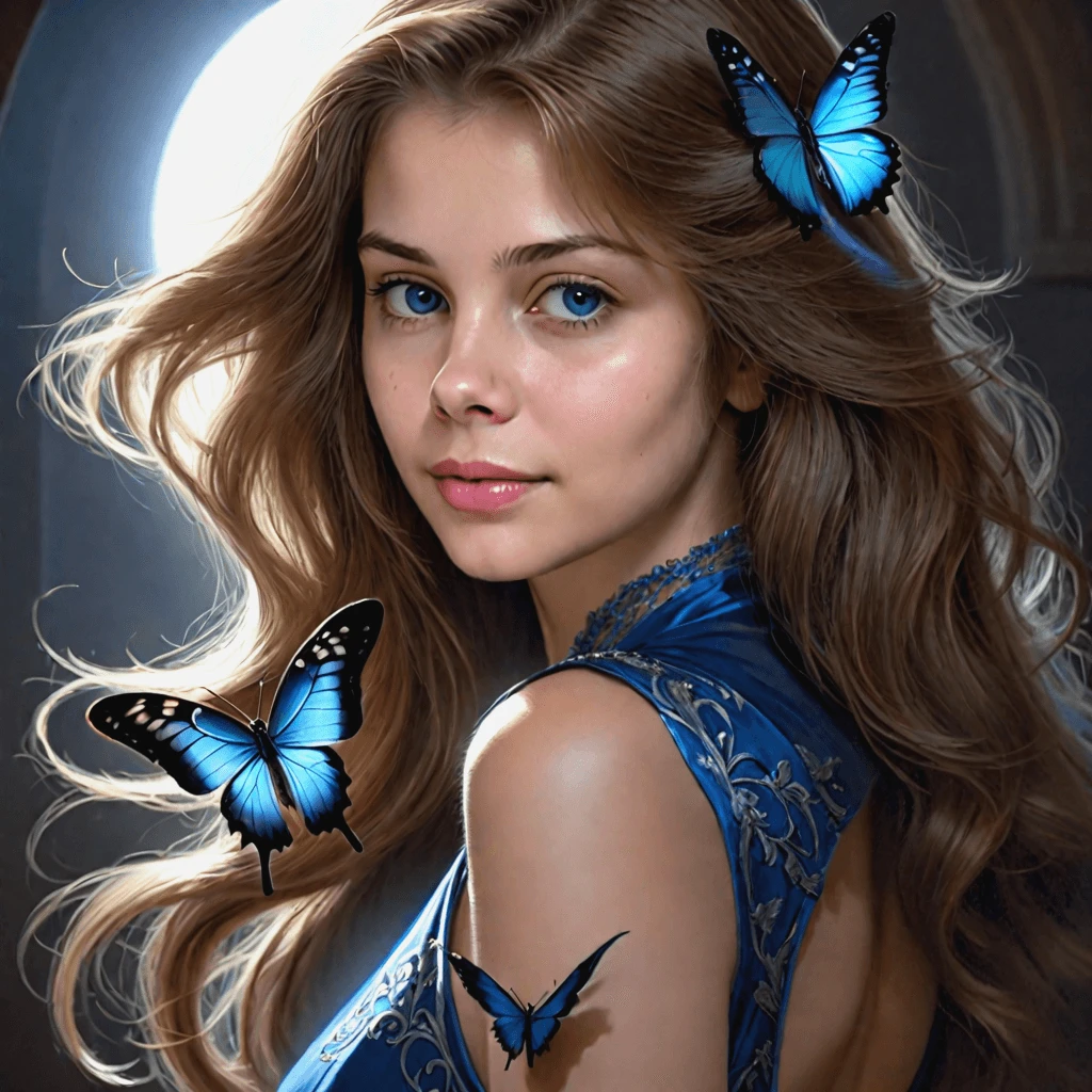 woman,  blue dress, 
fantasy art,
dark theme,
low key, rim lighting, high contrast, deep shadows, dimly lighted,
eye contact, moonlite,
portrait,
looked at camera,
butterfli,
fantasy art,
by greg rutkowski,
epic, masterpiece, trending on ArtStation,