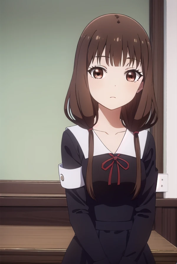 mikoiino, <lora:miko iino s3-lora-nochekaiser:1>,
miko iino, blunt bangs, (brown eyes:1.5), brown hair, hair tie, long hair, low twintails, red ribbon, ribbon, twintails,
BREAK long sleeves, dress, ribbon, school uniform, collarbone, (black dress:1.2), sailor collar, white sailor collar, red ribbon, neck ribbon, shuuchiin academy school uniform, armband,
BREAK indoors, classroom,
BREAK looking at viewer, (cowboy shot:1.5),
BREAK <lyco:GoodHands-beta2:1>, (masterpiece:1.2), best quality, high resolution, unity 8k wallpaper, (illustration:0.8), (beautiful detailed eyes:1.6), extremely detailed face, perfect lighting, extremely detailed CG, (perfect hands, perfect anatomy),