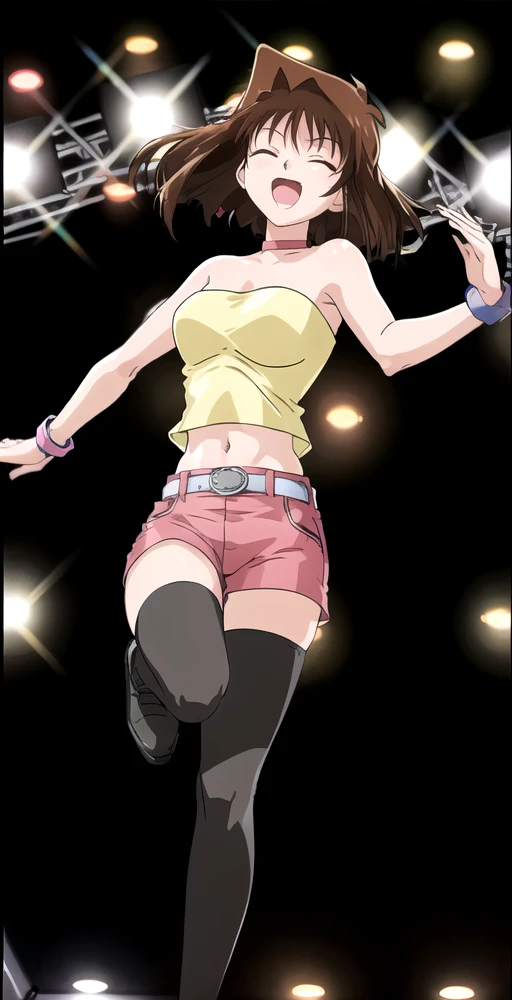 TG, girl, solo, happy, eyes closed, eyes closed shut, yellow strapless tube top, navel, pink shorts, belt, choker, wristband, leg lift up, (black thighhighs), stage, stage lights, (bokeh), dancing, perfect quality, good quality, masterpiece, HDR, UHD <lora:Tea Gardner-000003:0.7>