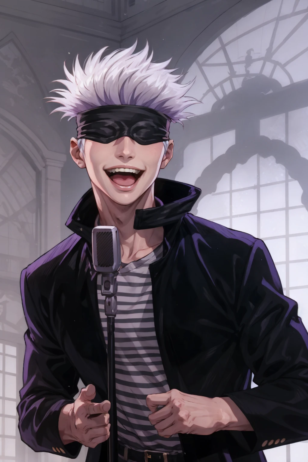 IncrsNeverGonnaGiveUUp, smile, looking at viewer, microphone stand, upper body, black jacket, striped shirt, open mouth, <lora:NeverGonnaGiveUUp:1>, satoru gojo, blindfold, <lora:Char_JujutsuKaisen_SatoruGojo:0.9>