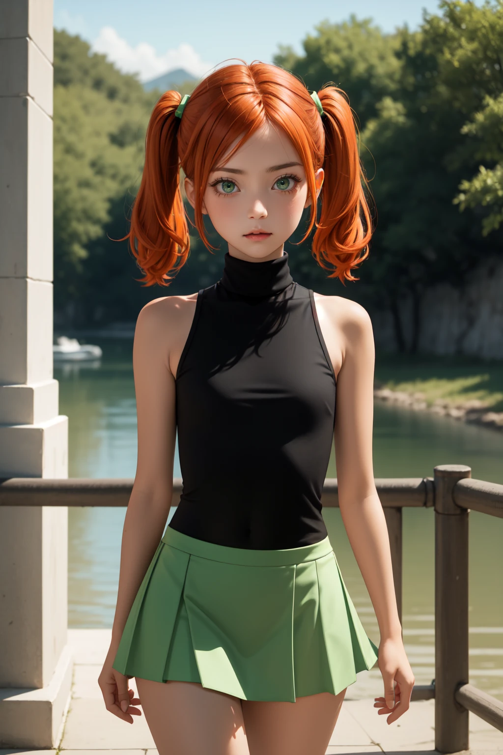 (masterpiece, best quality, SFW:1.2), award winning, hard edge, low contrast, indirect light
BREAK
1girl, determined, looking down, forehead, (cute, petite:1.2), flat_chest, hips, thin legs, thick thighs, (orange_red_colored hair, short twintails:1.2), (light green eyes:1.2)
BREAK
(silver trim spring green turtleneck, sukajan, light yellow lowleg skirt, )
BREAK
perspective,cowboy shot, legs together,arms at sides
BREAK
outdoors, lake