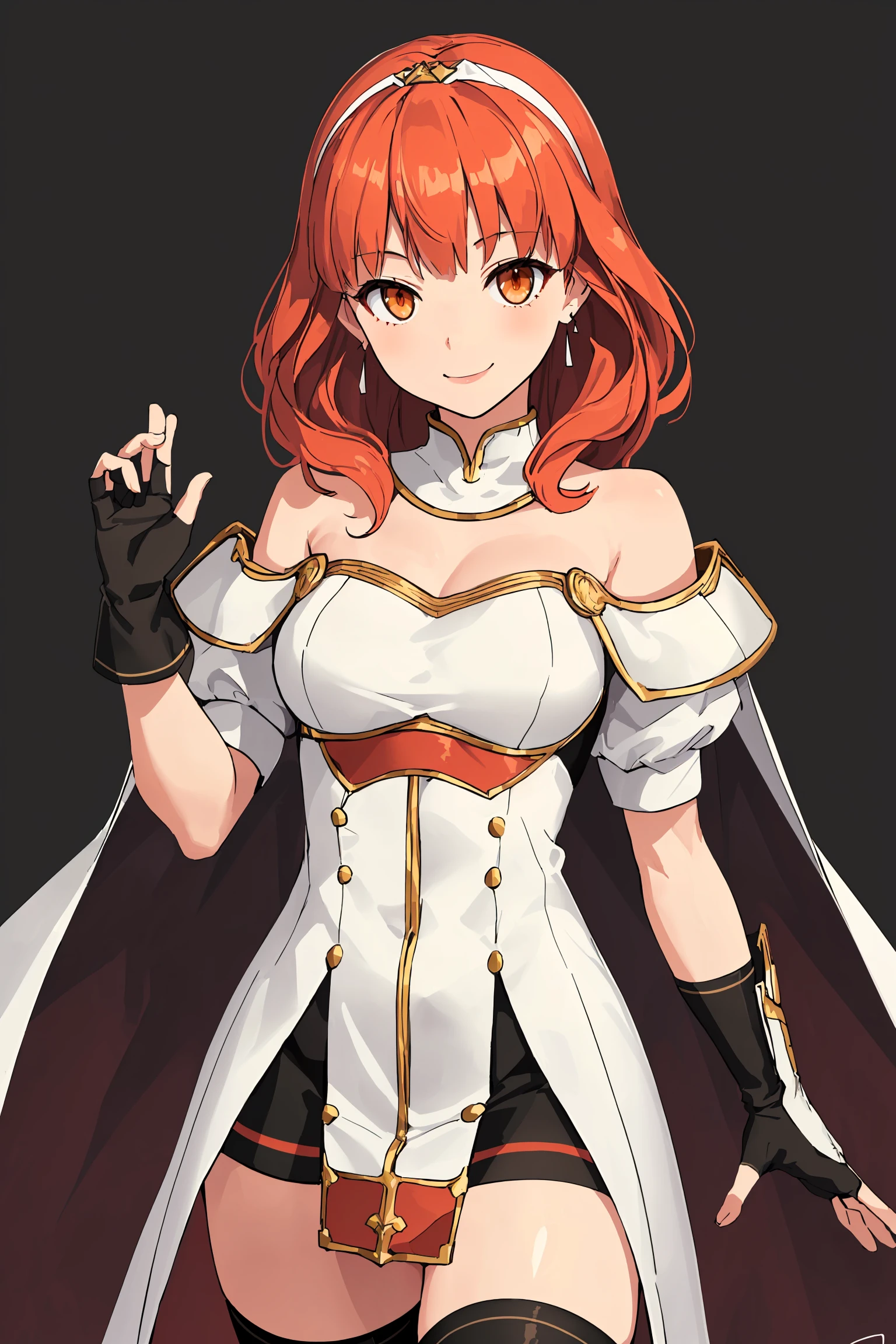 masterpiece, best quality, absurdres, 1girl, solo, smile, standing, facing viewer, <lora:EPfeCelica-08:0.7>, EPfeCelica, orange eyes, red hair, bare shoulders, black gloves, thighhighs, black thighhighs, boots, cape, dress, white dress, long sleeves, off-shoulder dress, off shoulder, puffy short sleeves, puffy sleeves, short sleeves, earrings, gloves, fingerless gloves, hairband,white hairband, jewelry, zettai ryouiki