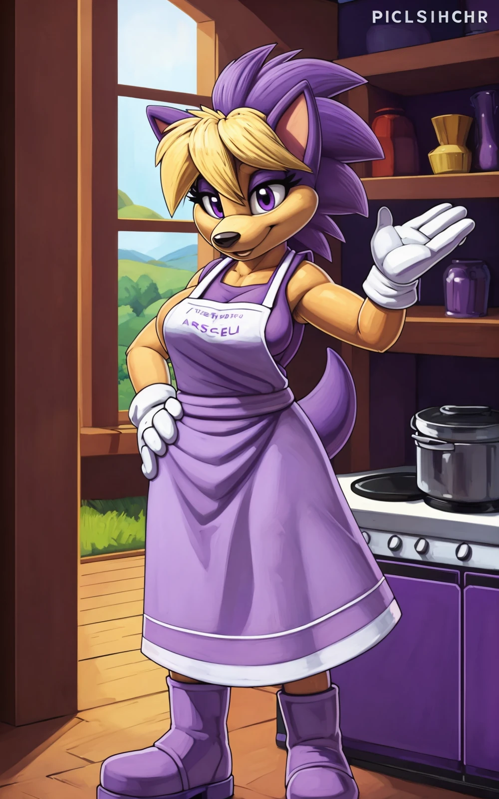 8k,4k,((Best quality, masterpiece, ultra high resolution)),((full body, by pixelsketcher)), <lora:Bernadette:0.8>,Bernadette,furry, purple dress,(purple hair,blonde hair), animal nose, multicolored hair, purple footwear, animal ears, tail, boots, two-tone hair, body fur, furry female, bangs, spiked hair, gloves,animal nose,(purple skin),kitchen,((white apron,dress)),apron,window ,leaning,waving,((hand on hip)),white gloves,layered clothing,small tail