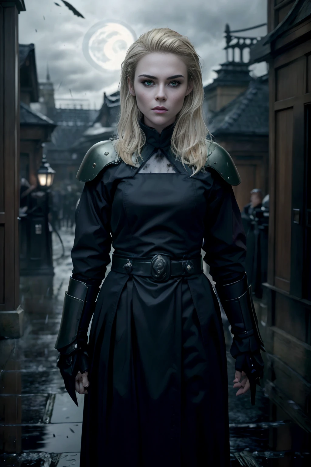 Horror-themed, wide angle, <lora:samurai style SD1.5:1.2>an epic cinematic photo of (opt-rachaeltaylor <lora:opt-rachaeltaylor-10:1>, blonde hair, green eyes) in a legendary armor with perfect hands female samurai style, Eerie, unsettling, dark, spooky, suspenseful, grim, highly detailed, crowded victorian london street, (night, moonlight), wet cobblestones, fog, dramatic lighting