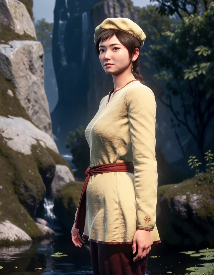 <lora:Sh3nhu4:0.9>, sh3nhu4 woman, yellow, hat, naked standing in the woods next to a pond with a towel wrapped around her body looking startled, beautiful