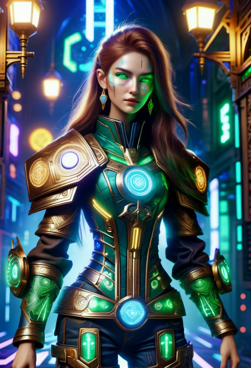 hyper detailed masterpiece,DonMMy51ic4lXL, female medieval minstrel, cybernetic mercenaries, human mercenaries with cybernetic implants and body augmentations, golden age, agile, southeast asian, dark green eyes, round ears, fleshy nose,  blunt jaw,   oblong face shape,   , dark auburn bob cut hair, curiosity, solar-powered radiance, character basks in sunlight with arms outstretched, absorbing solar energy through integrated panels,  wearing circuit board pattern    virtual reality graphene cyber-denim shorts,  cybernetic corset, quantum neon platform sandals, cyber-denim bucket hat, , cybernetic stance, character crouches with one knee on the ground, the other leg extended, and one arm outstretched, showcasing cybernetic enhancements, rain-soaked streets with neon reflections, cybernetic rebels facing off against heavily armed corporate enforcers, cyberpunk fantasy , runes <lora:DonMMy51ic4lXL-v1.1-000006:0.8>