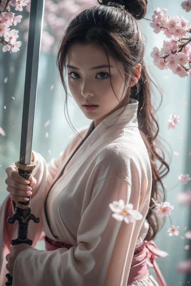 Sword Sakura,upper_body,1girl,weapon,sword,black hair,petals,cherry blossoms,long hair,chinese clothes,blurry,hair bun,hair ornament,holding weapon,looking at viewer,holding sword,holding,long sleeves,facial mark,single hair bun,flower,
outdoors,best quality,masterpiece,illustration,an extremely delicate and beautiful,CG,unity,8k wallpaper,Amazing,finely detail,masterpiece,official art,extremely detailed CG unity 8k wallpaper,incredibly absurdres,huge filesize,ultra-detailed,highres,extremely detailed,beautiful detailed girl,realistic,<lora:Sword Sakura_20240129064936:0.8>,
