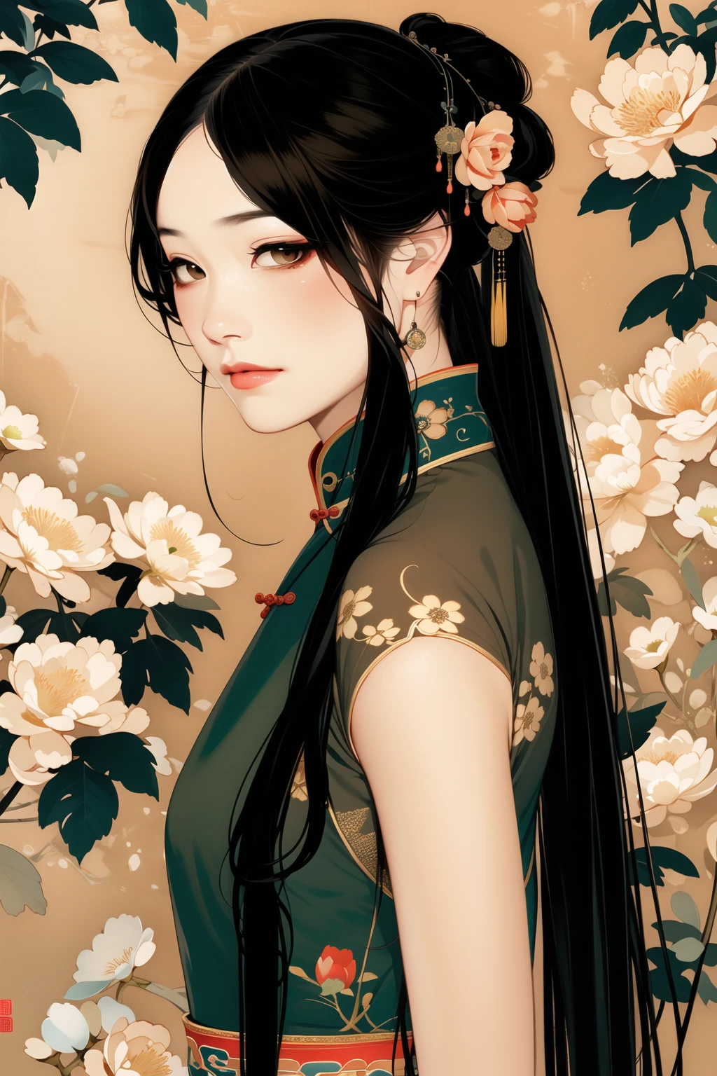 master piece, high quality, a beautiful Chinese girl, black long hair, wearing cheongsam,Retro Pictorial
