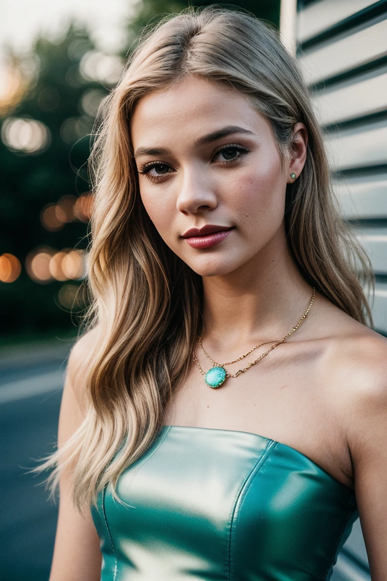 photo of seductive (tor1anders0n-135:0.99), a beautiful woman, perfect hair, (modern photo), (Champagne Pink  strapless dress), ((gradient Road Sign Greenbackground:1.1)), 85mm, (analog, cinematic, film grain:1.3), detailed eyes, painted lips, necklace, (epicPhoto), (looking at viewer), (cinematic shot:1.3), PA7_Portrait-HL_v2
