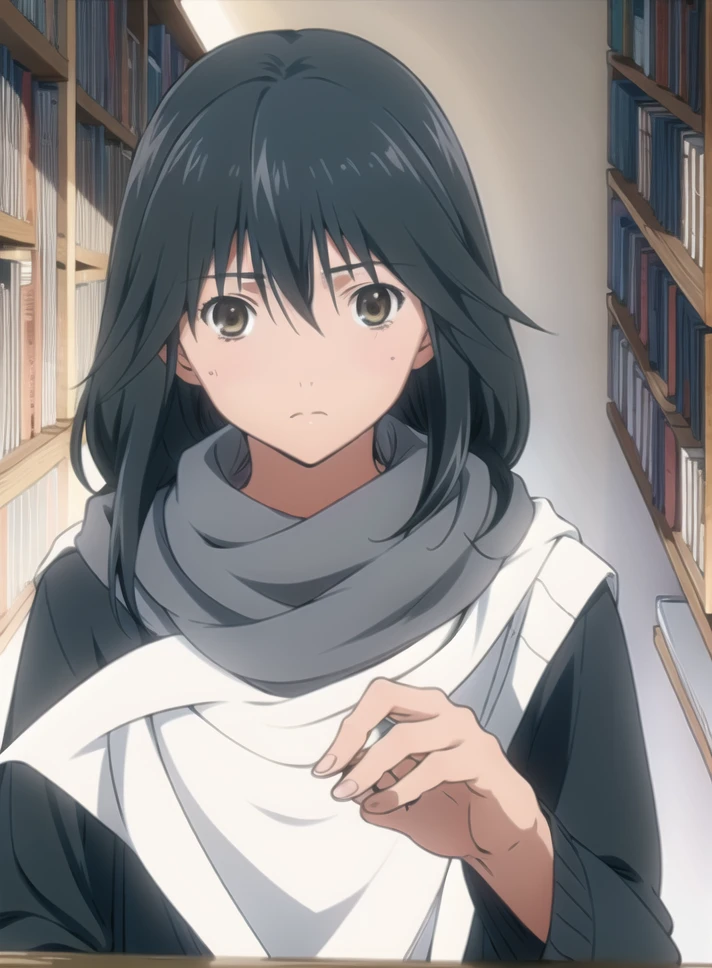 masterpiece, best quality, 1girl, solo, brown eyes, black hair, looking at viewer,  <lora:Misaki-002-000010:0.9>, ,(Library of ancient scrolls background:1.2), (shawl:1.2), (Lying on the back, pretending to be a starfish :1), (curious face)