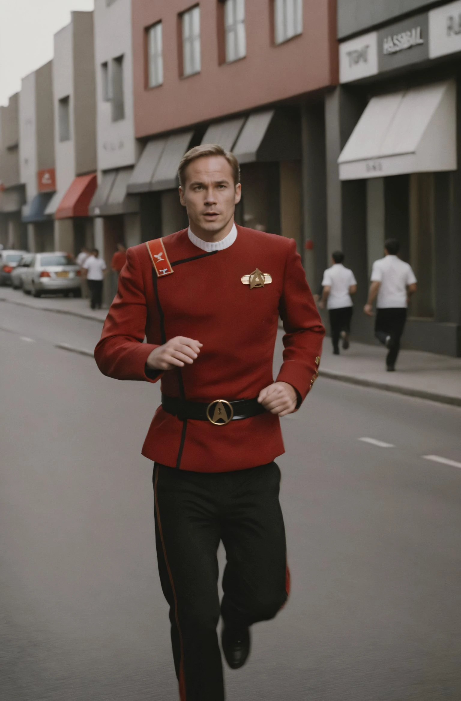 (twokunf red uniform:1.3),raw photo,man,running,in the street,professional photo, shot on Hasselblad <lora:TWOKXL:0.8>